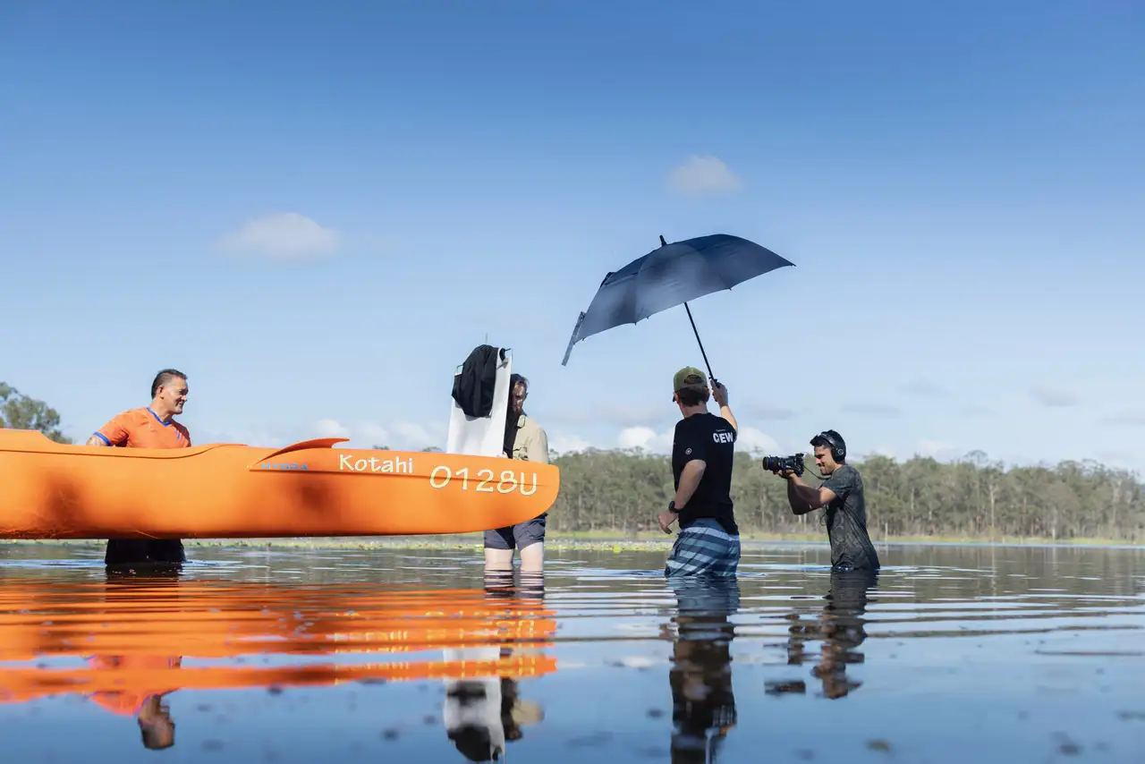 Tim on set at Moreton Bay shooting video